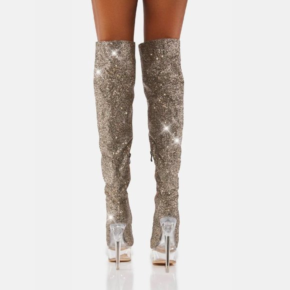 Bulls Silver Glitter Lace Up OTK Platform High Heel Thigh Boot - Picture 14 of 17